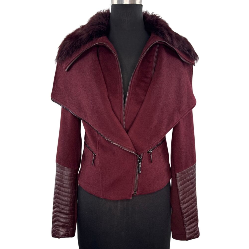 BCBG Max Azria Burgundy Kayla Jacket Fur Leather Asymmetrical Zip Size S Small